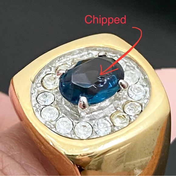 Vintage Unsigned Gold-tone Blue Sapphire CZ Stones Unisex Ring Size 8 - Picture 14 of 14